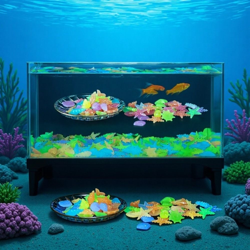 Planted Aquarium With Fish - 빛나는 해양석, 형광 조개껍데기, 화려한 불가사리